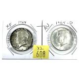 x2- 1964 Kennedy half dollars -x2 half dollars -