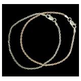 Lot, two 7" rope chain bracelets, one gold wash,