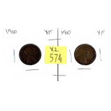 x2- 1910 Lincoln cents, XF -x2 cents -Sold by