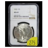 1922 Peace dollar NGC slab certified MS-63