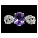 Sterling silver oval cut amethyst ring with CZ