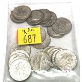 x20- Dimes, 90% silver, mixed dates -x20 dimes  -