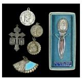Lot, sterling silver religious medals and