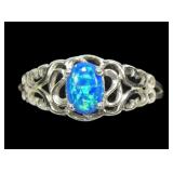 Sterling silver prong set lab blue opal in lattice