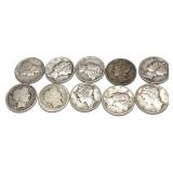 x10- Barber dimes, mixed dates- x10 dimes Sold