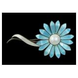 Norwegian sterling silver enamelled flower brooch,