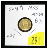 1855 $1 Gold Indian Princess Head, BU