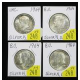x4- 1964 BU Kennedy half dollars -x4 half dollars-
