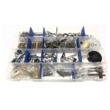 Plastic case with assorted screws, gears, and