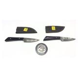 Lot, 2 Custom Damascus blade knives with leather