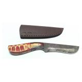 Custom Damascus balde knife with leather sheath,