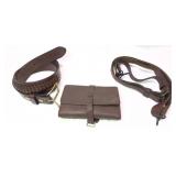 Lot: Leather 22 cartridge belt, sling and fly case