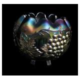 Blue 6 footed 4 1/4" carnival glass rose bowl,