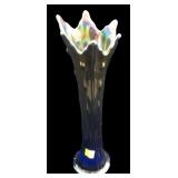 Blue iridescent 12"carnival glass swung vase,