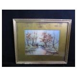 Watercolor, Bridge & Stream Fall scene,