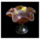 Marigold 5" high ruffled carnival glass Compote,