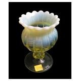Vaseline opalescent 5" Art Glass Vase, Beaded