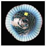 Blue opalescent 8 1/4" diameter 4 footed crimped