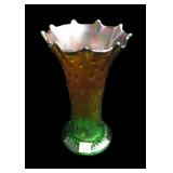 Northwood green carnival glass 8" swung vase,