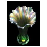 Northwood green 9" carnival glass vase feather
