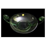 Green Art Glass Bowl w/ handles, 5" high, 14" wide