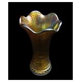 Marigold 7" carnival glass Swung Vase, Ripple