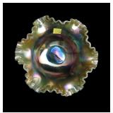 Fenton green 3-footed 8" diameter ruffled bowl