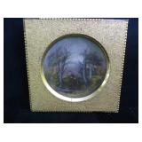 Oil on ceramic plate, boy in the woods with bow