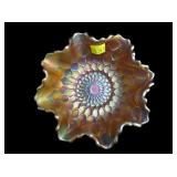 Marigold 6" ruffled edge carnival glass bowl,