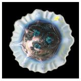 Blue 9 1/2" diameter 3 footed ruffled Art Glass