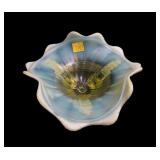 Vaseline opalescent 7 1/2" 3 footed ruffle edge
