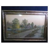 Watercolor, landscape of country road and house