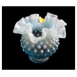 Blue ruffled edge 4 1/2" high Art Glass Hobnail