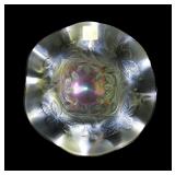 Fenton green 6" diameter carnival glass ruffled