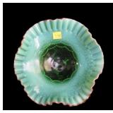 Green opalescent 8" diameter 4 footed Art Glass