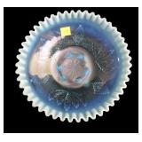 Blue opalescent 8" diameter 3 footed crimped
