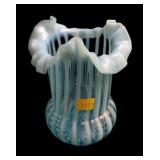 Blue & white 6 1/2" ruffled edge Art Glass