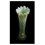 Green opalescent 12" Art Glass Swung Vase,