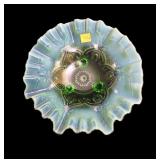 Green opalescent 9" diameter 3 footed Art Glass