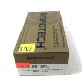 Box of .38 SPL 158-grain SJHP Magtech cartridges,