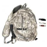Lot: NRA Backpack and 3 folding knives