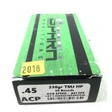 Box of .45 ACP 230-grain TMJ HP cartridges,