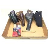 Lot: vintage leather holsters, Wooden Thompson