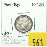 1907-D/D Barber dime