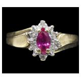 10K Yellow gold marquise cut ruby ring with round