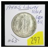1945-S Walking Liberty half dollar, gem BU