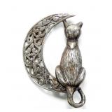 Jezlane sterling silver cat and moon pin,