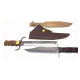 Lot: 2 large hunting knives with leather sheaths