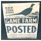 Vintage NYS Conservation Game Farm Posted tin