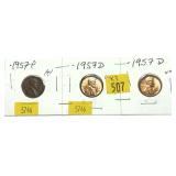 x3- 1957-P, -D Lincoln cents, -x3 cents, Sold by